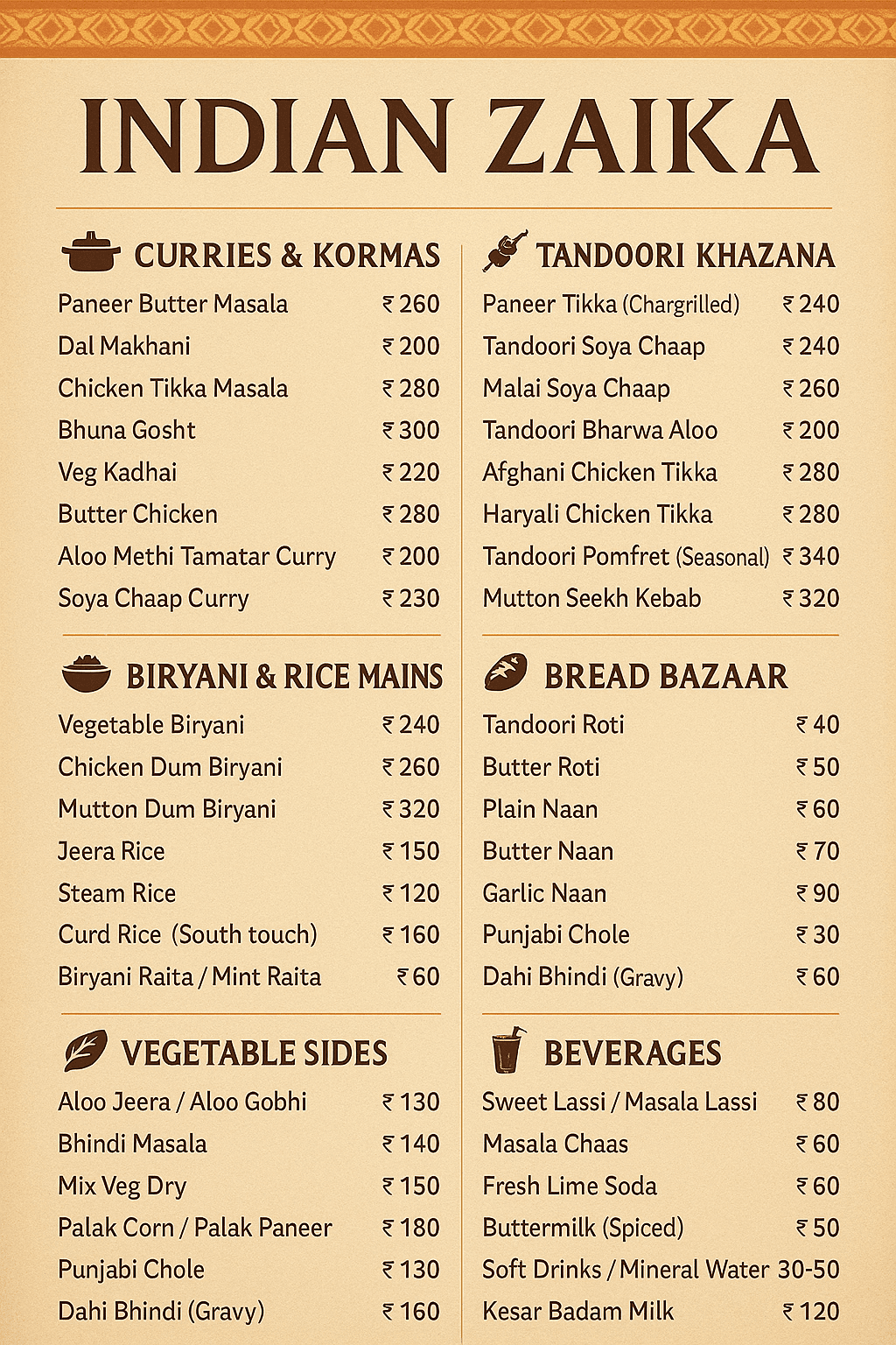 North Indian Menu