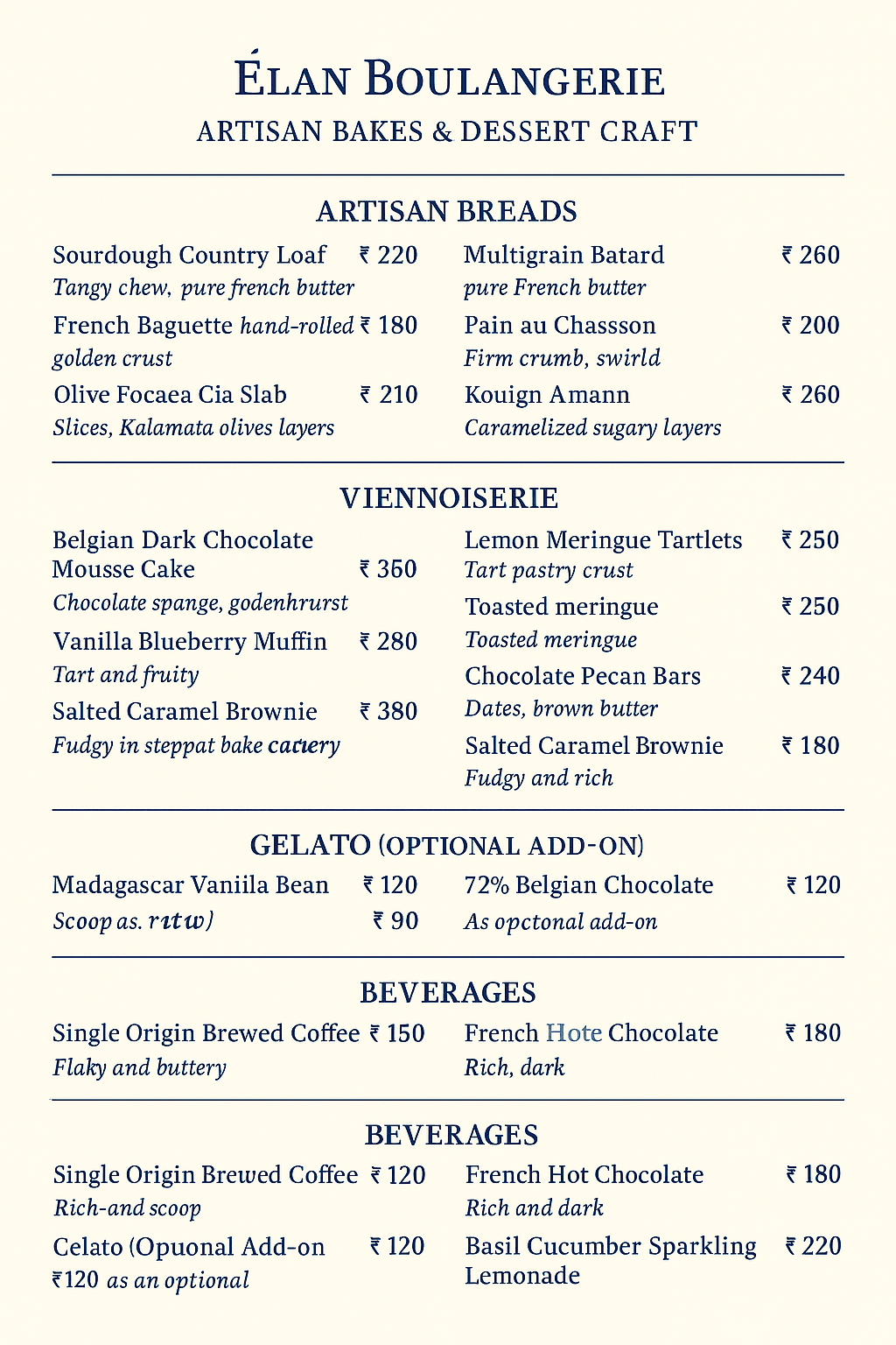 Bakery Menu