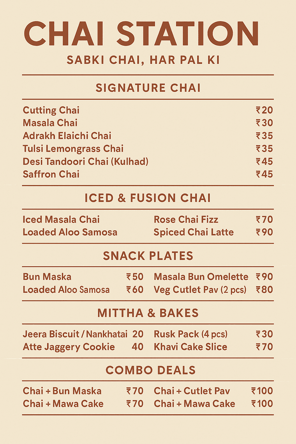 Chai Cafe Menu