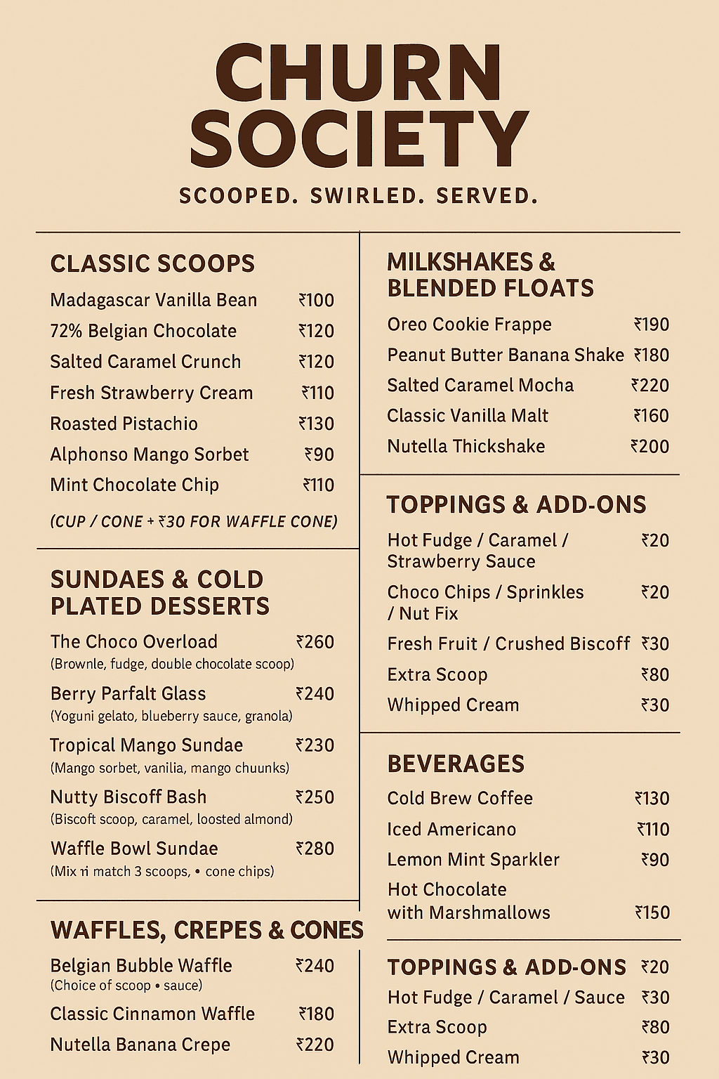 Ice cream menu