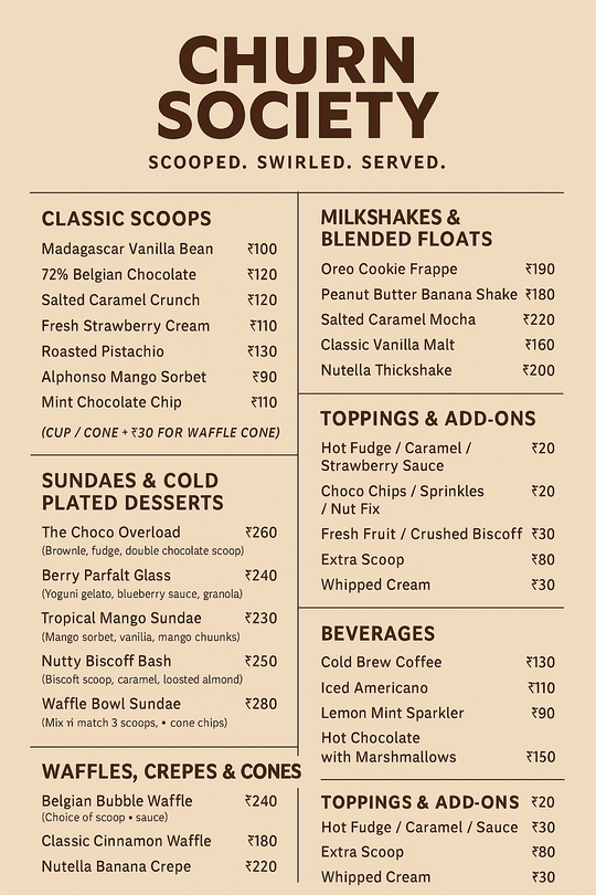 Ice cream menu