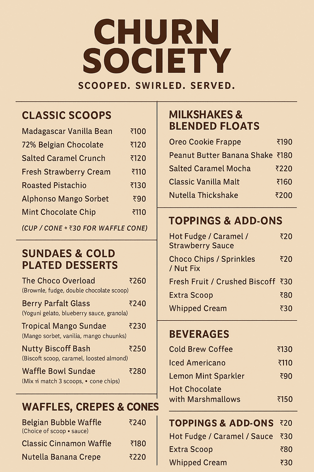 Ice cream menu