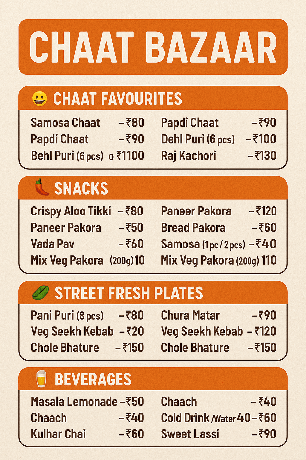 Snacks & Chaat Menu